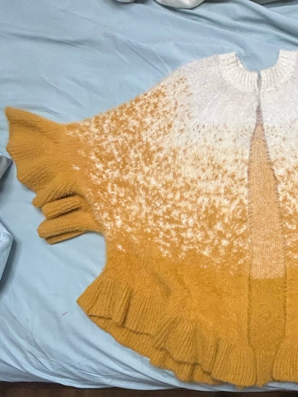 Ruffle-Hem Open-Front Poncho Sweater in Mustard & Cream
